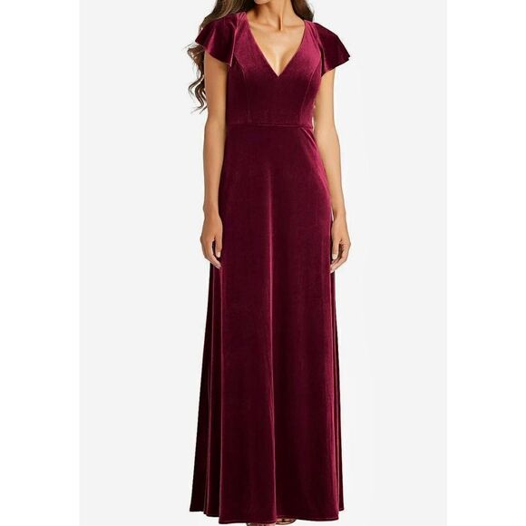 AFTER SIX Flutter Sleeve Velvet Maxi Dress Pockets Cabernet size 12 Bridesmaids - Picture 1 of 15